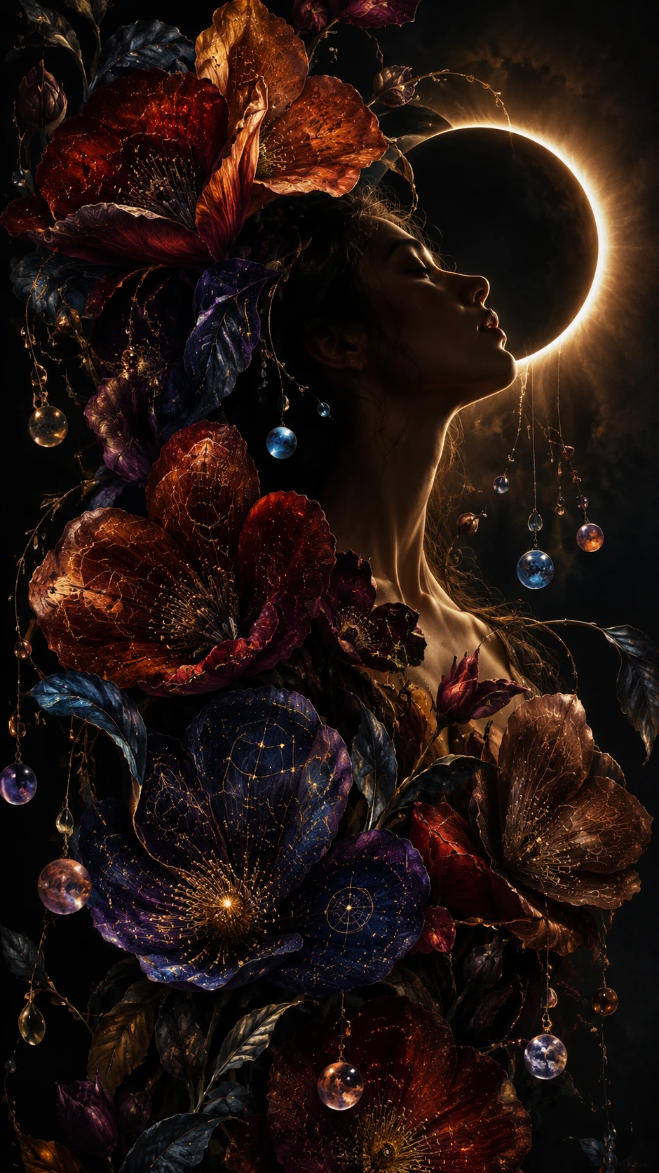 Surreal portrait of a woman beneath a glowing solar eclipse