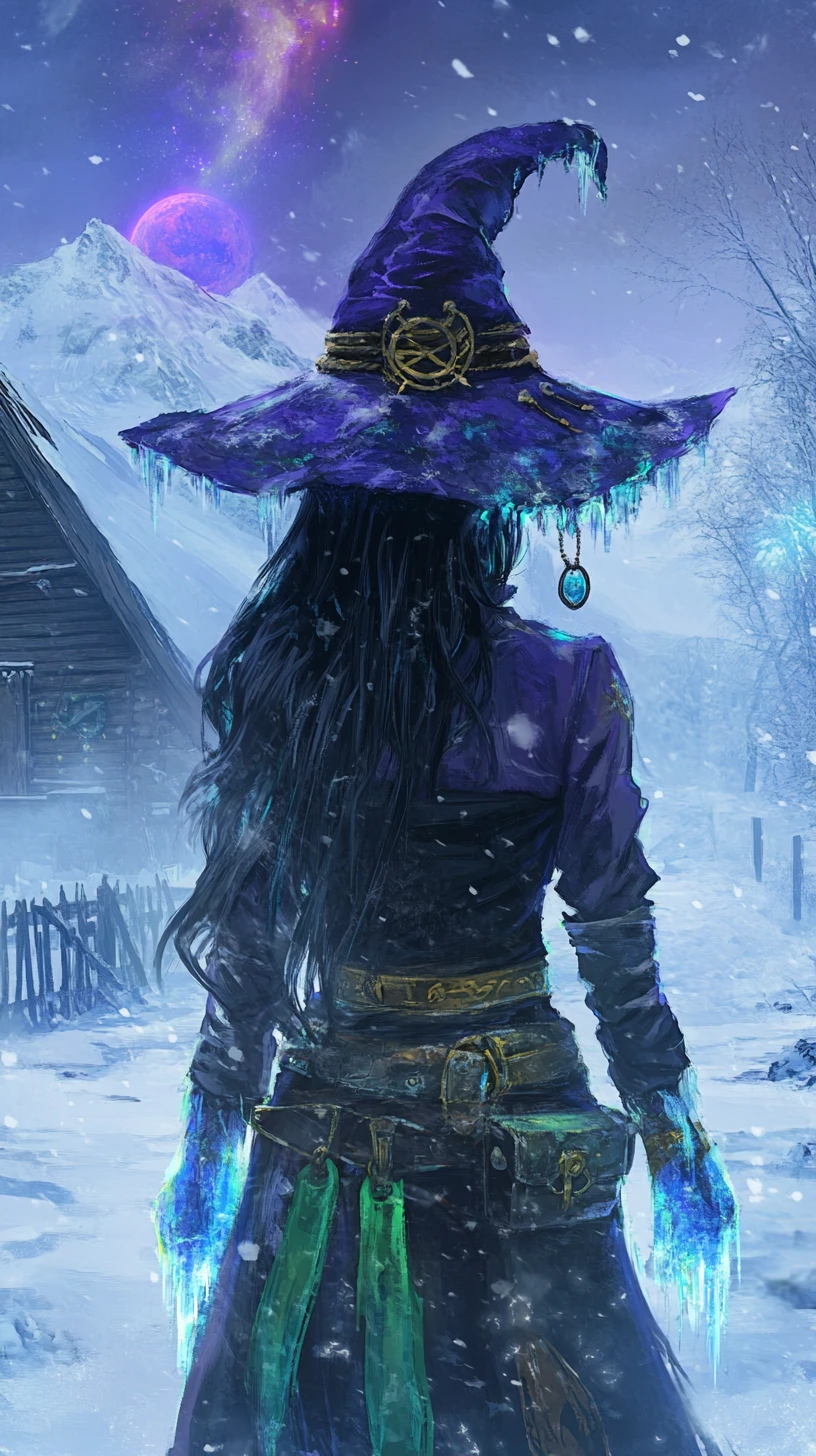 雪中冬季奇幻服裝的動漫魔女少女