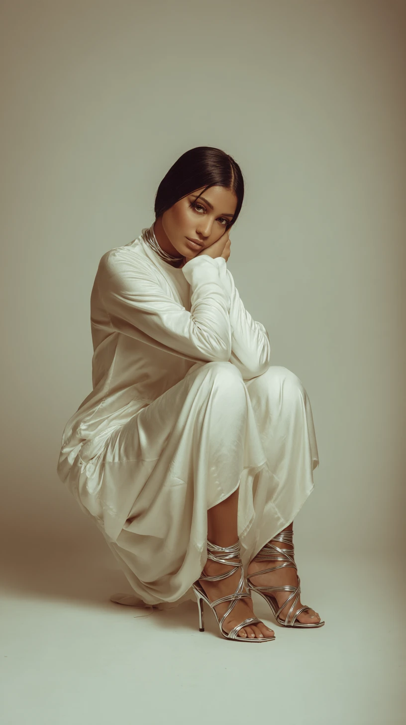 Minimalist studio portrait of stylish woman in silver heels