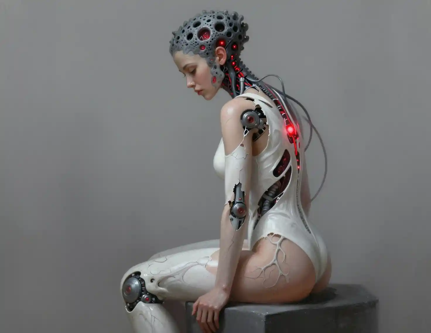 Cybernetic woman in profile seated in contemplative silence