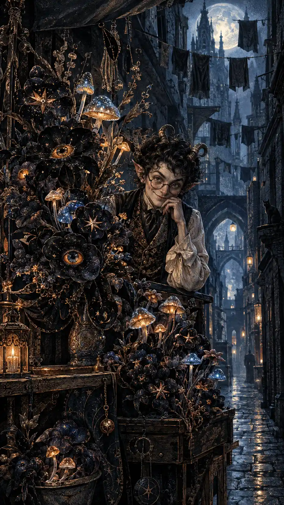 Horned fae shopkeeper in a moonlit gothic flower alley