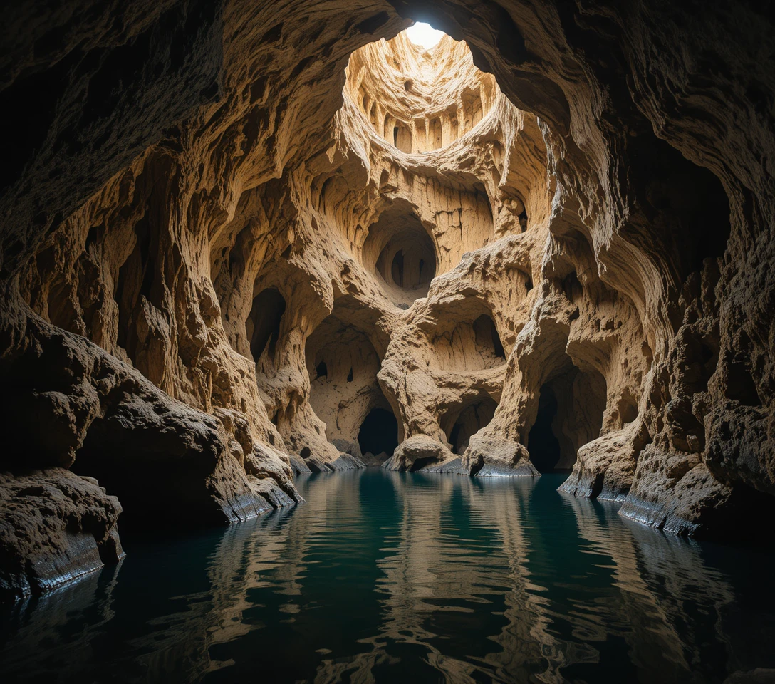 Majestic underground cave with still dark reflective water