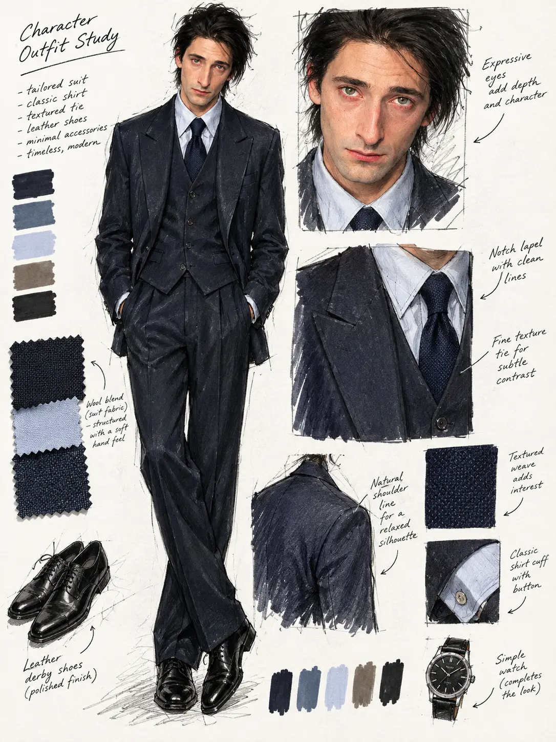 Página de cuaderno de bocetos de moda con estudio de atuendo de personaje