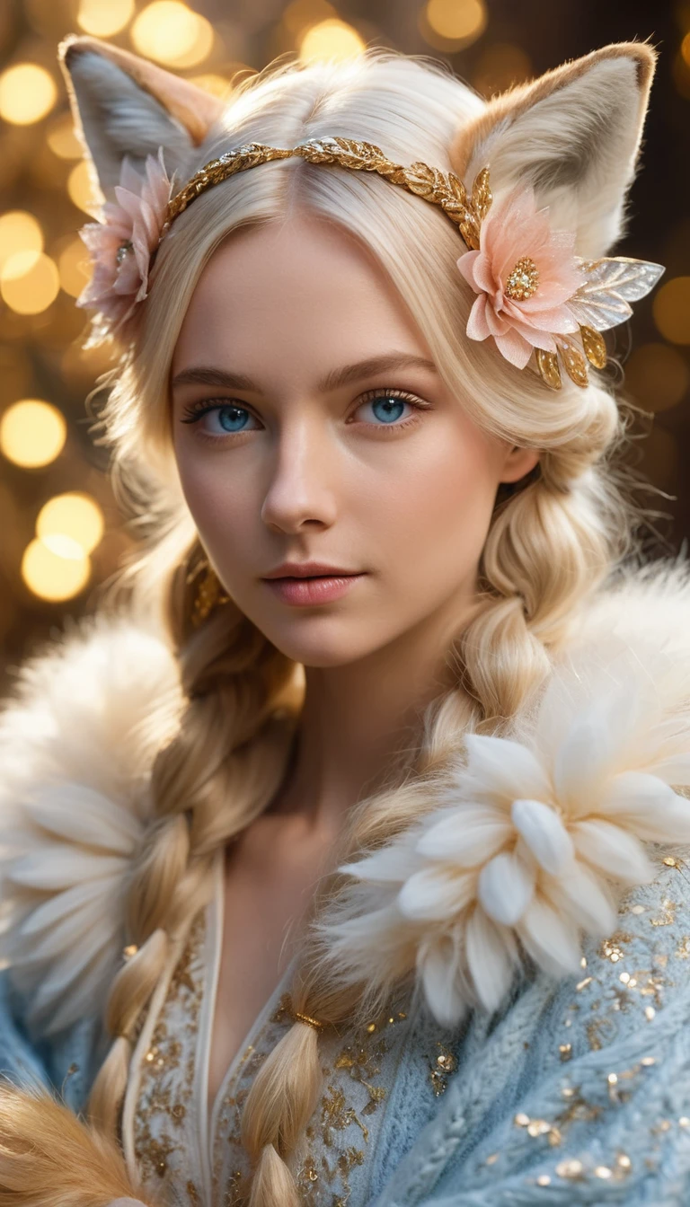 Blondes Feenmädchen mit flauschigem Fuchs im goldenen Bokeh