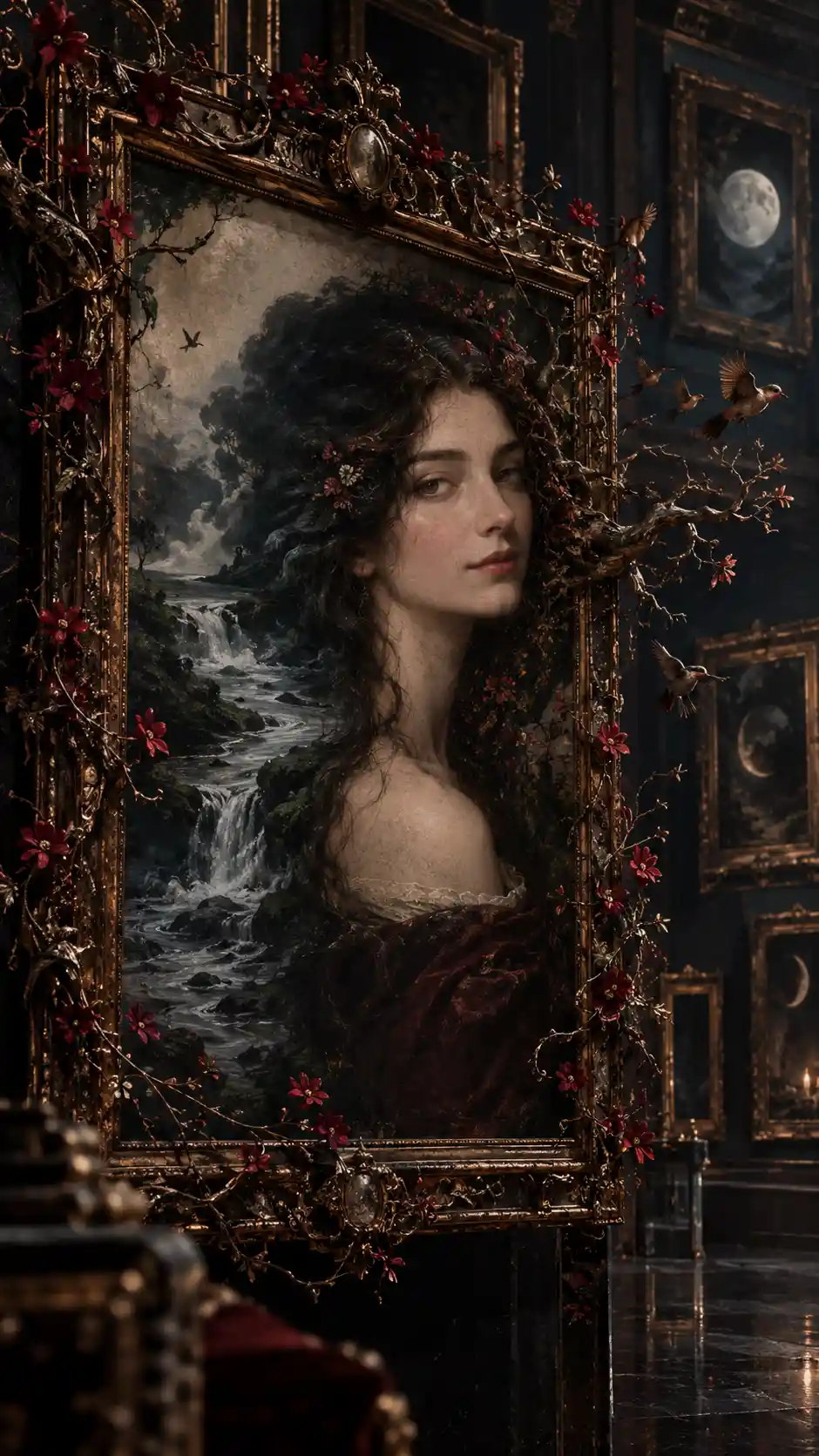 Surreal portrait of a mysterious woman in an ornate frame