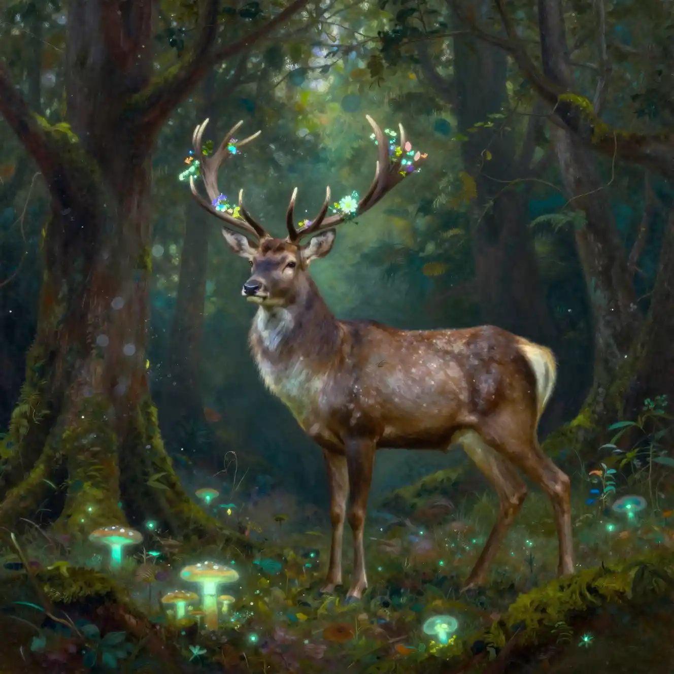 Majestic stag at the edge of a glowing ancient forest