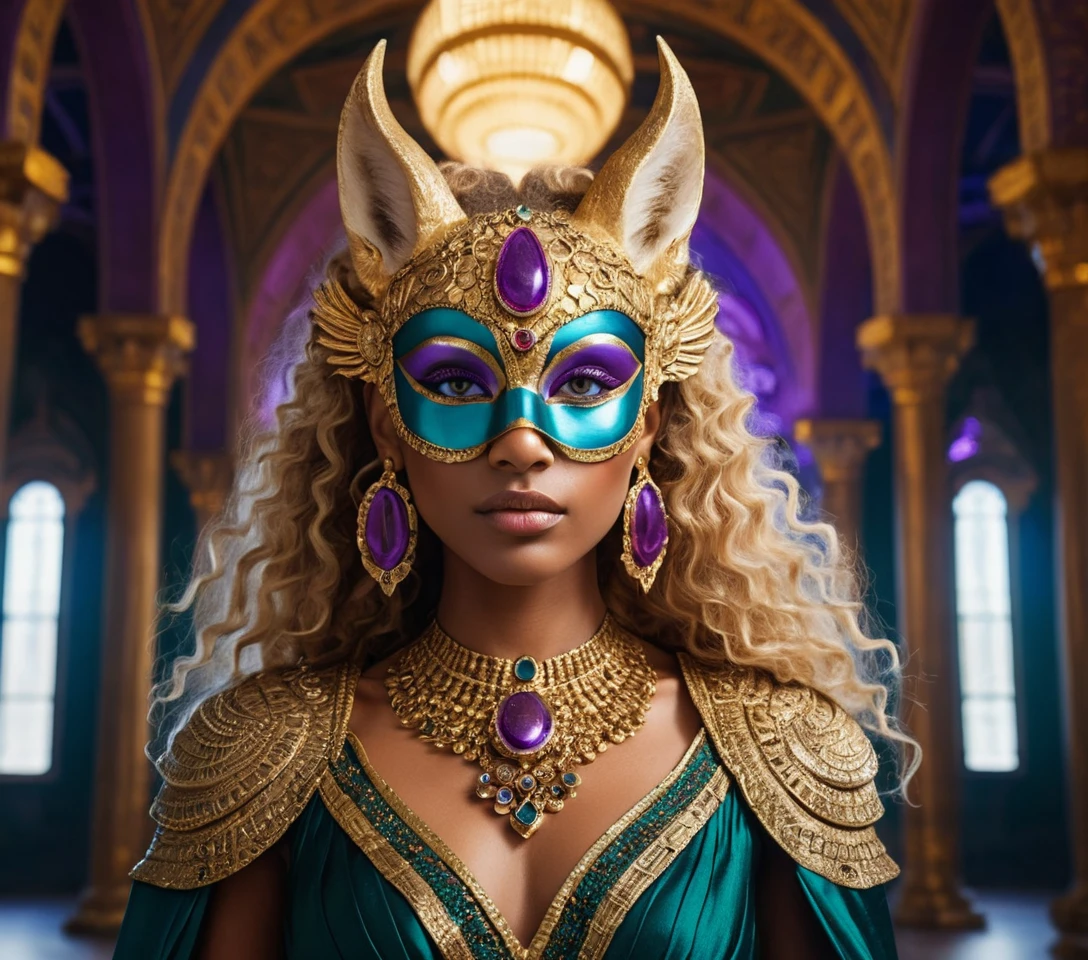 Masked divine woman in a cosmic egyptian hall