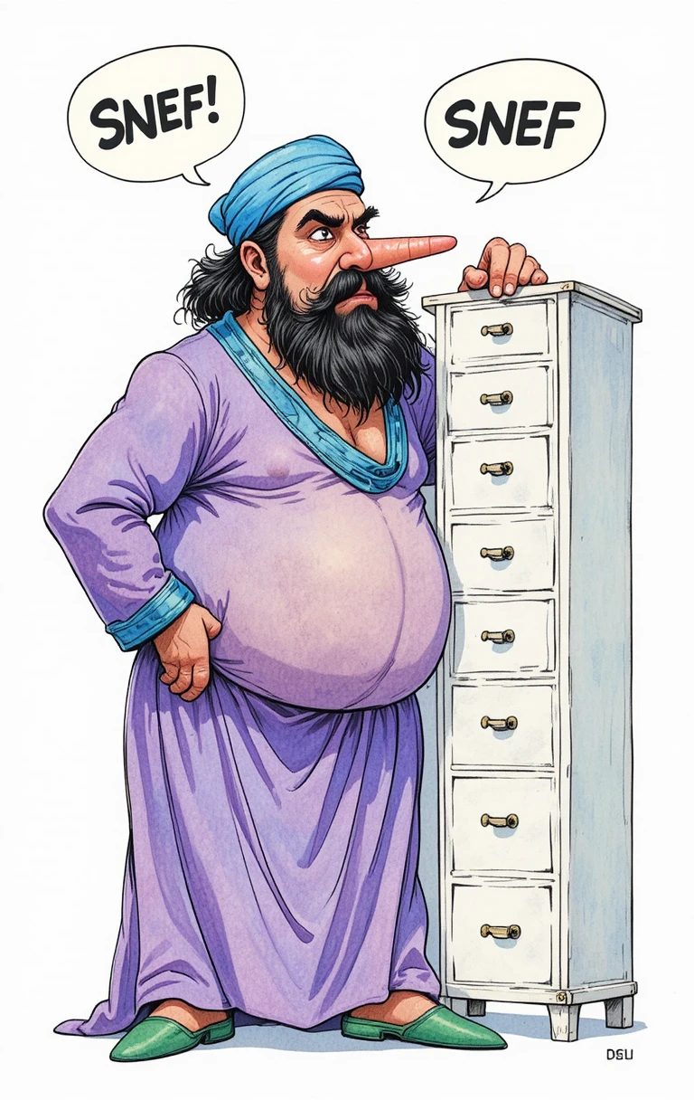 Hombre de caricatura humorístico oliendo junto a un alto armario blanco