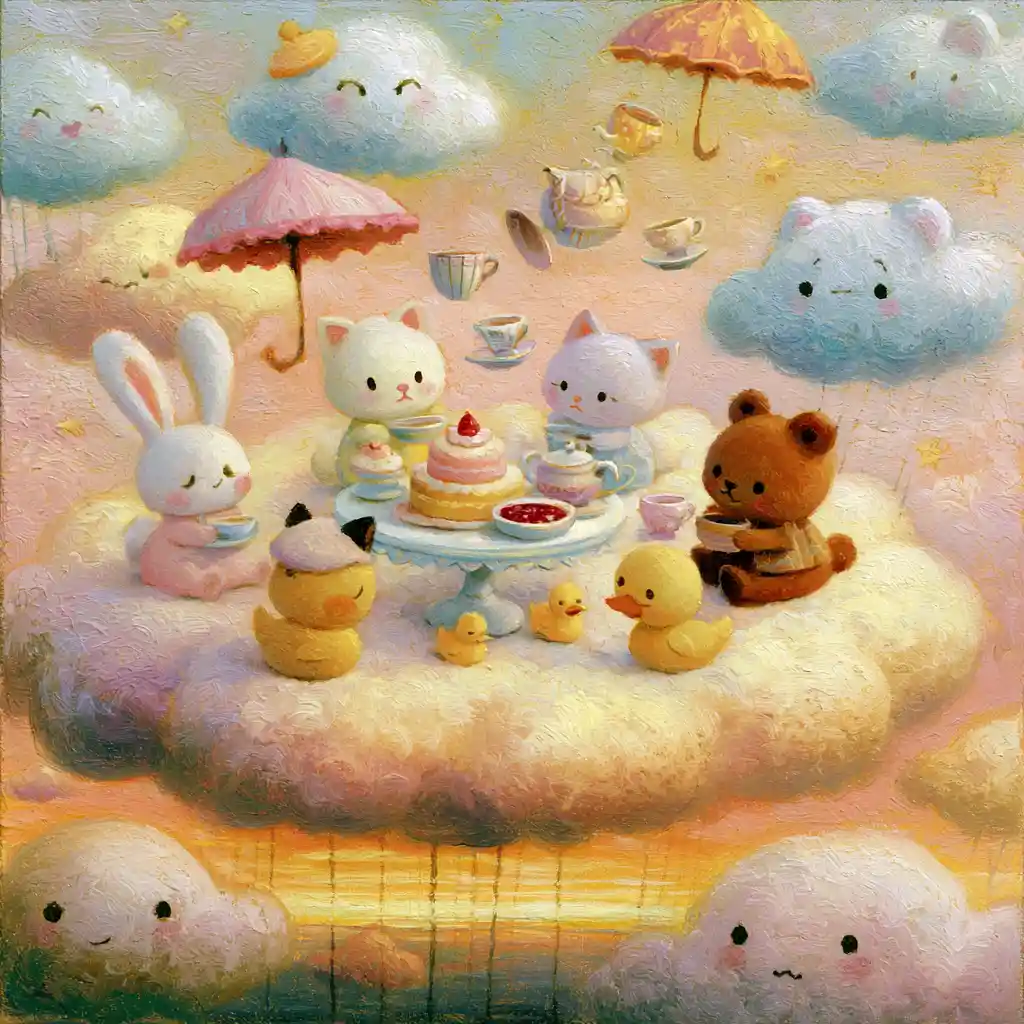 Cute animal tea party on a soft floating cloud