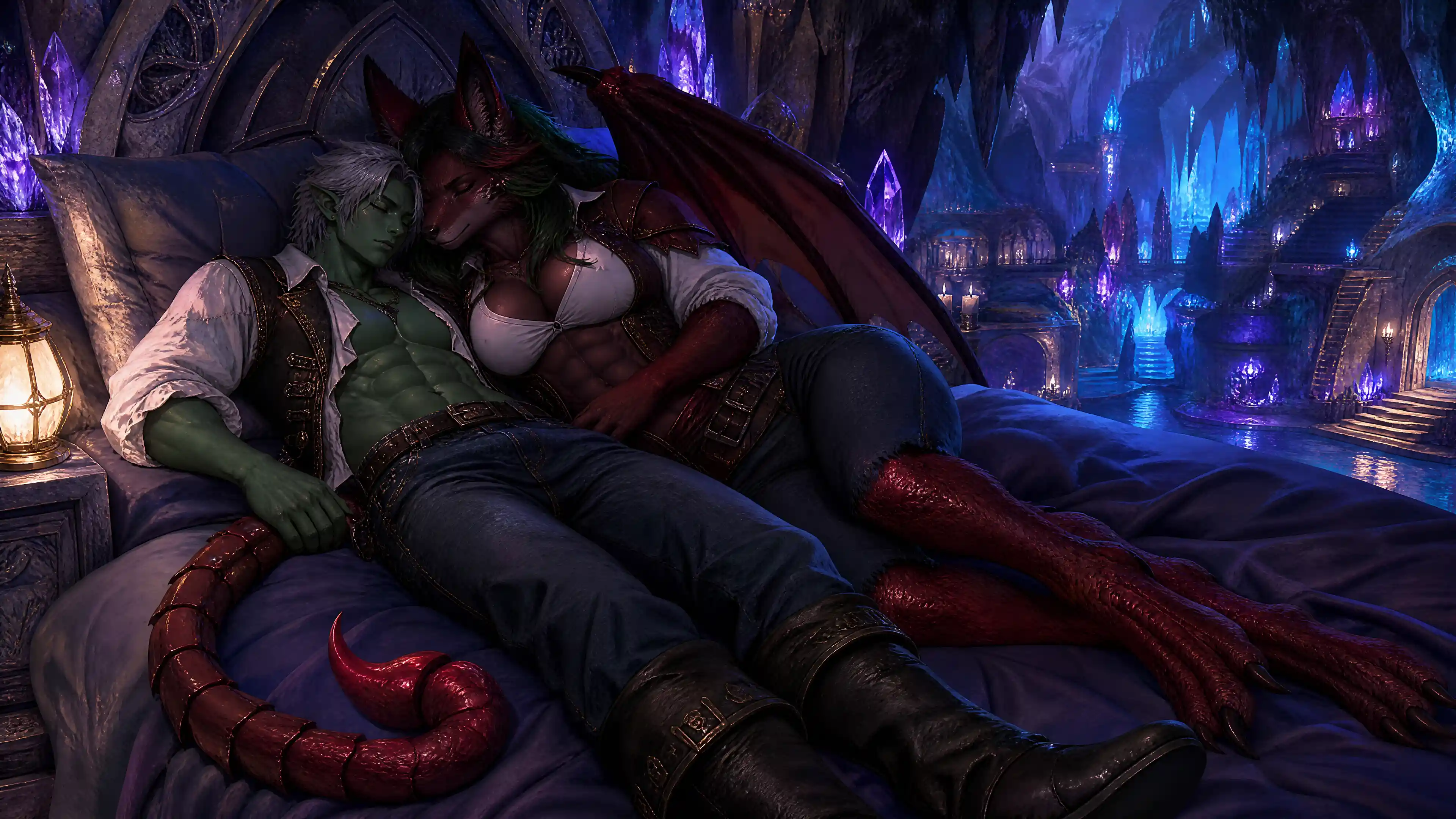 Anthro couple sleeping together in a glowing crystal cave