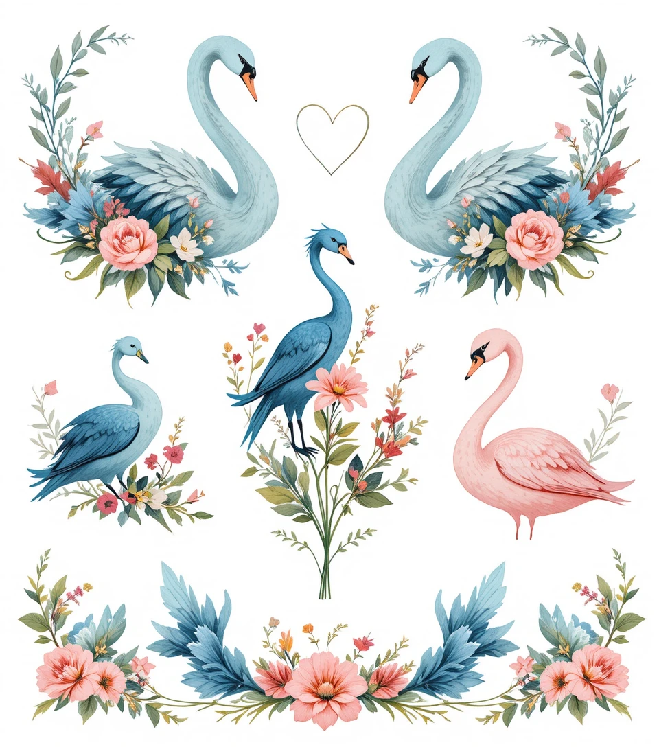 Motivos estilizados de cisnes e pássaros com ornamentos florais em vetor