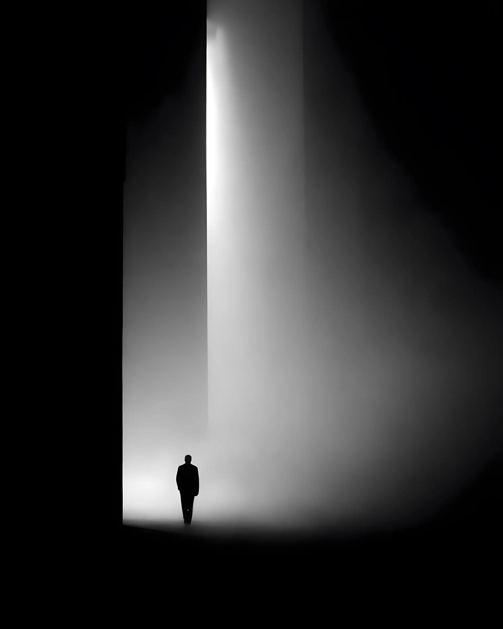 Solitary figure in harsh noir light on a foggy street
