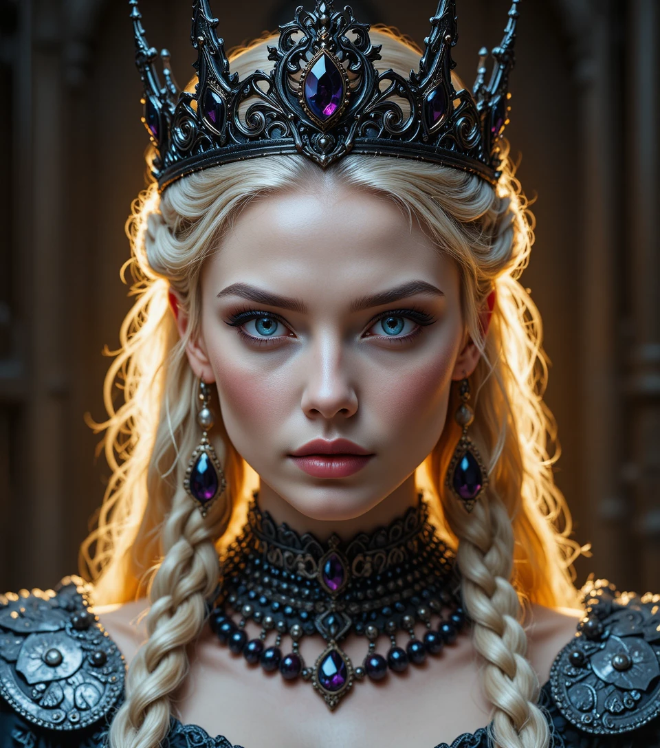 Portrait rapproché intense d’une femme blonde couronnée au style royal