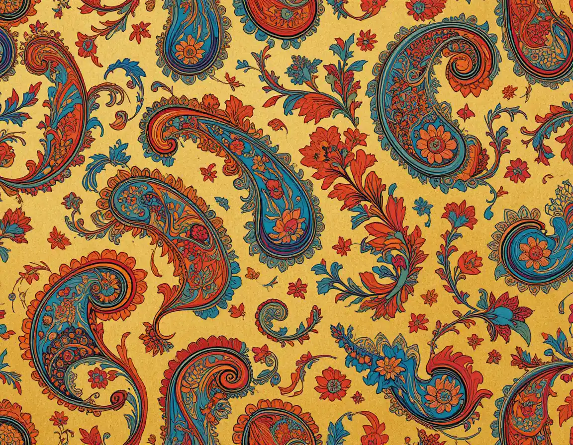 Intricate paisley pattern on textured golden yellow background