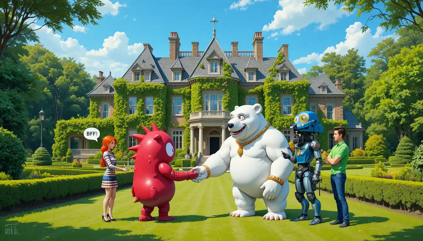 Grand manoir couvert de lierre avec des personnages de dessin animé ludiques