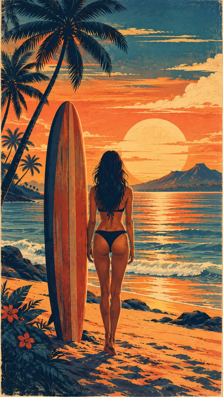 Woman on Hawaiian beach at retro tropical sunset art