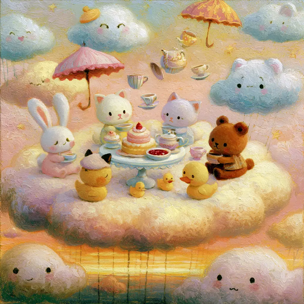 Cute animal tea party on a soft floating cloud