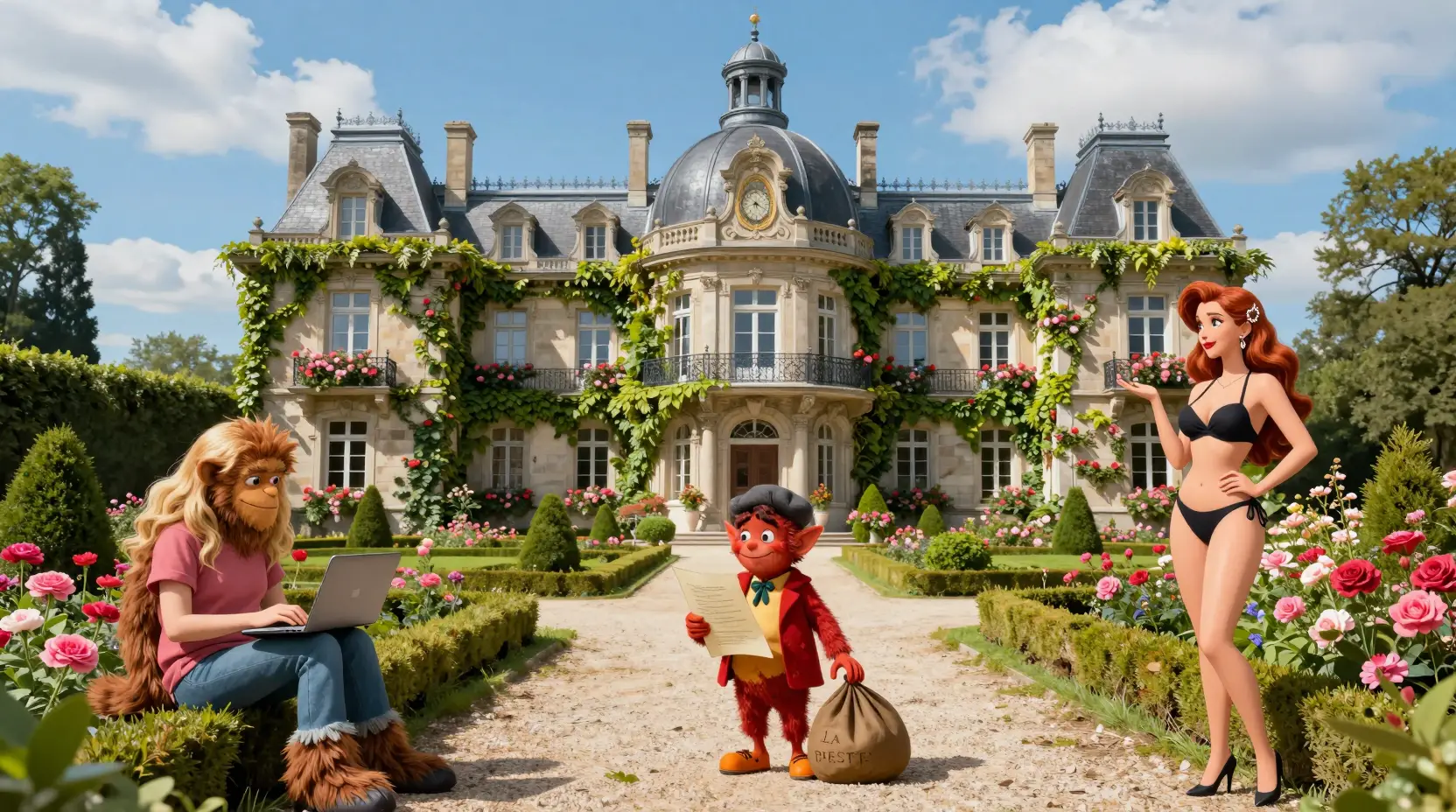 French ivy covered mansion with ornate garden pathway