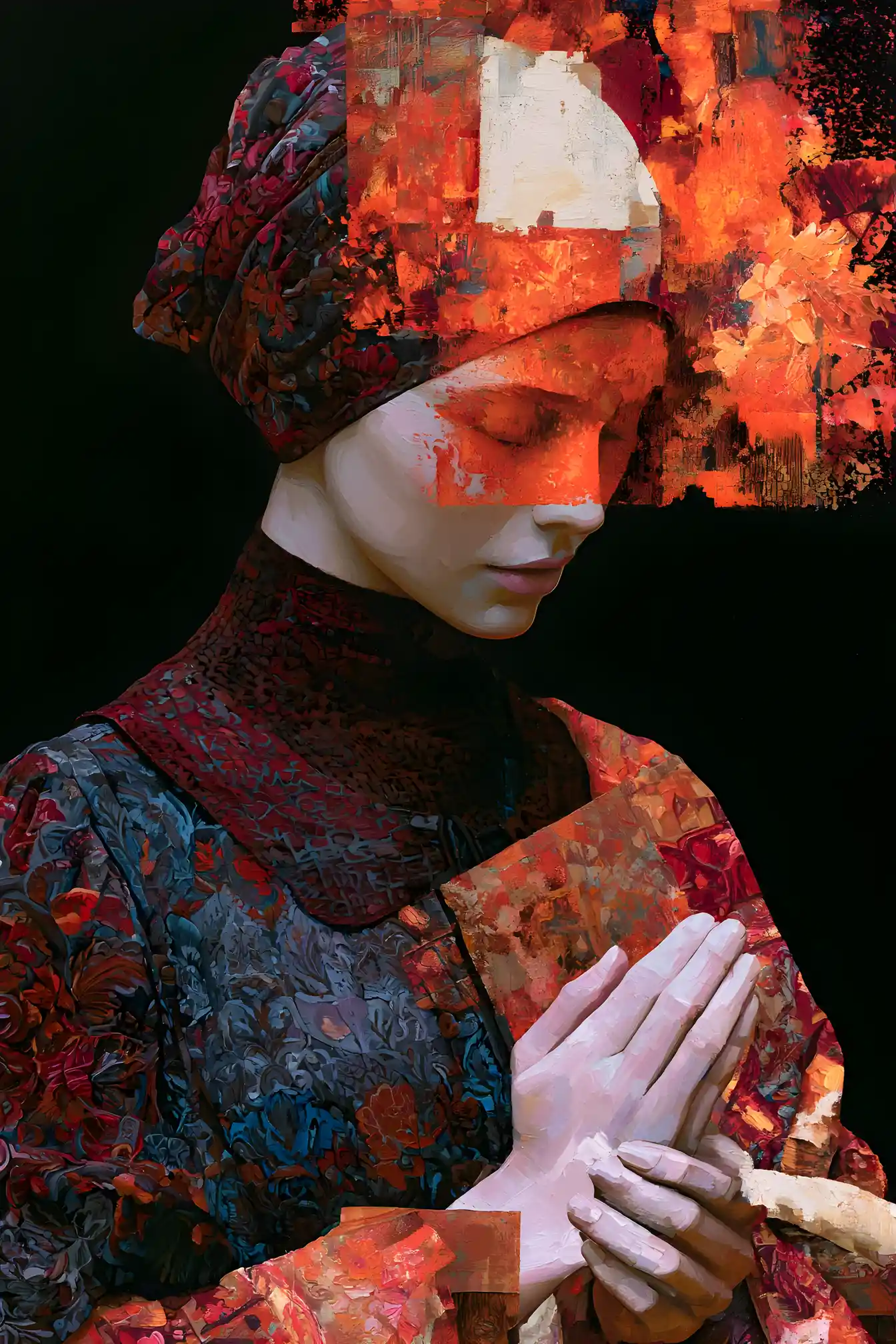 Explosive abstract painting in deep jewel and fiery tones