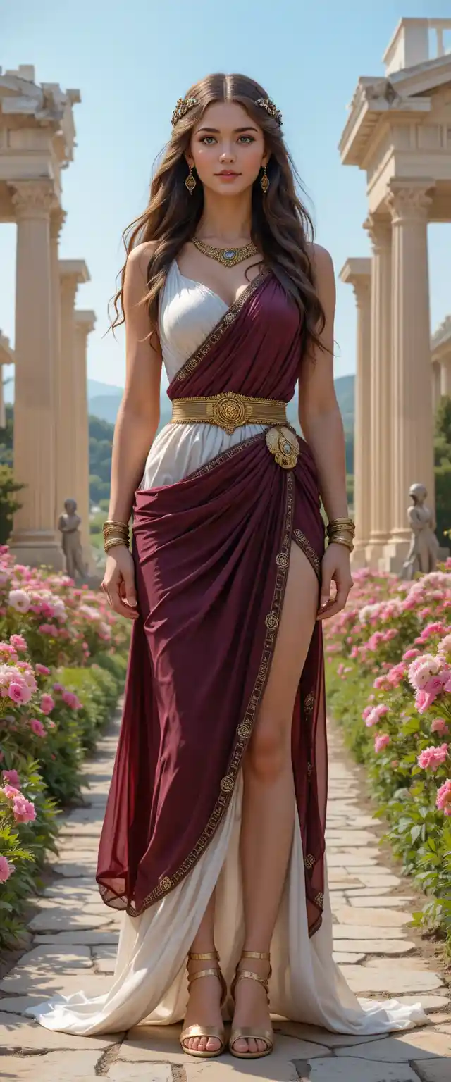 Greek goddess standing in a blooming temple garden
