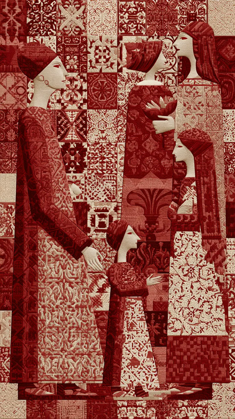 Flat geometric figures emerging from dense decorative patterns