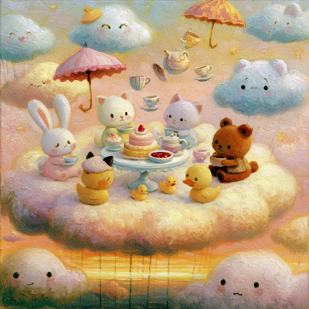 Cute animal tea party on a soft floating cloud