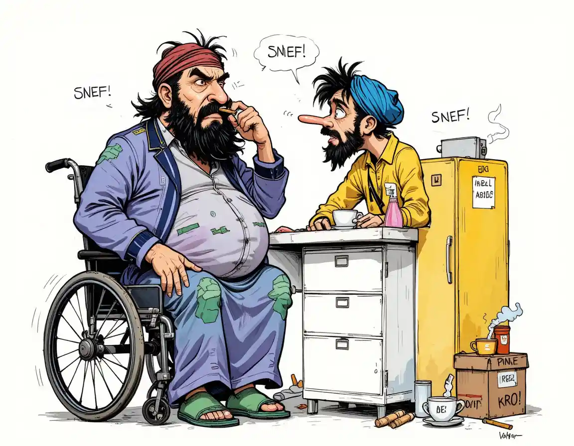 Raue Cartoon-Szene mit zwei skurrilen Figuren und überladenem Schreibtisch