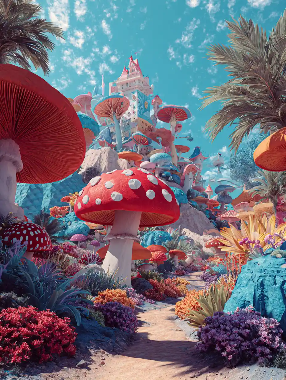 Colorful wonderland scene in playful surreal style