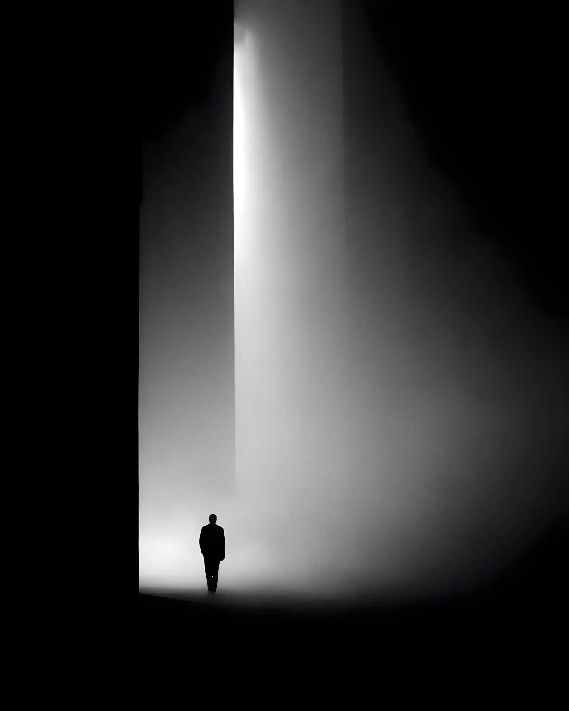 Solitary figure in harsh noir light on a foggy street