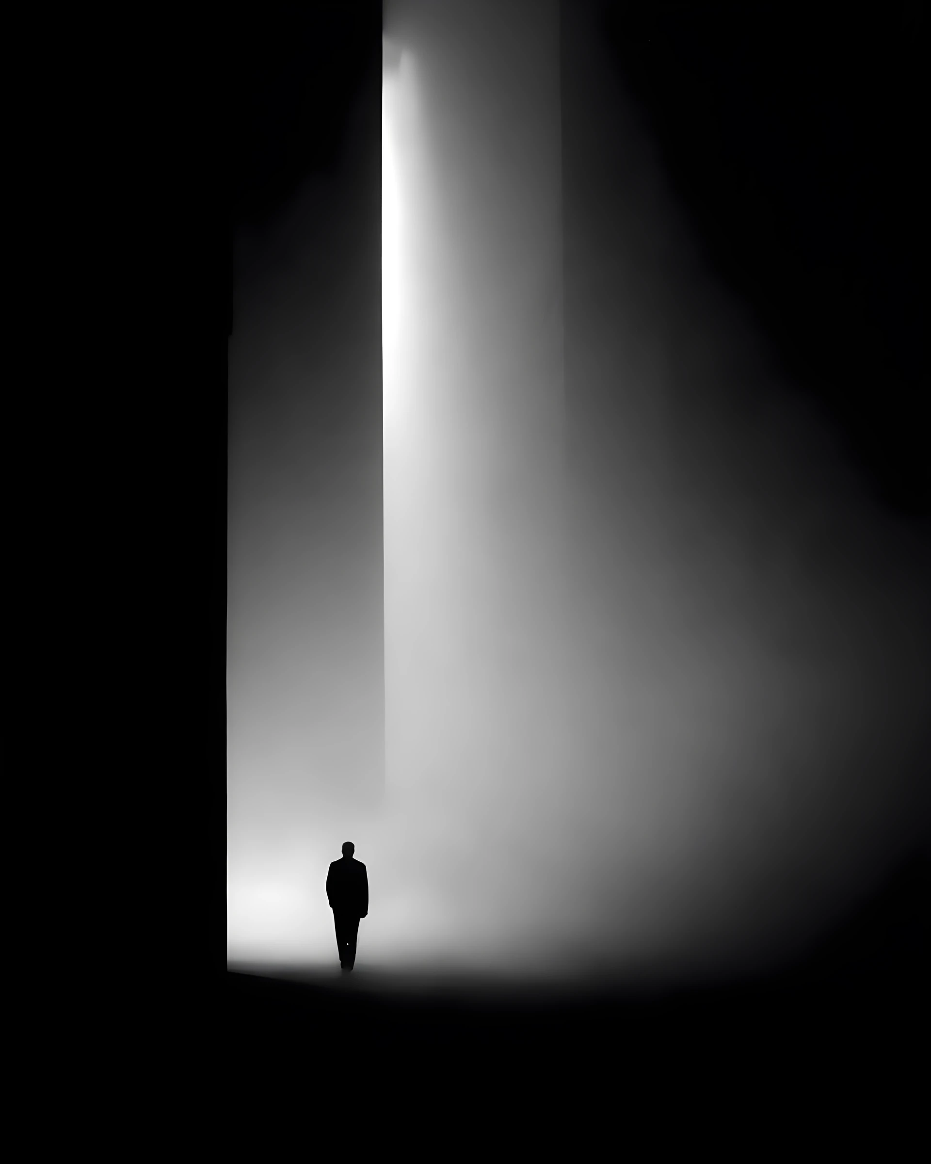 Solitary figure in harsh noir light on a foggy street