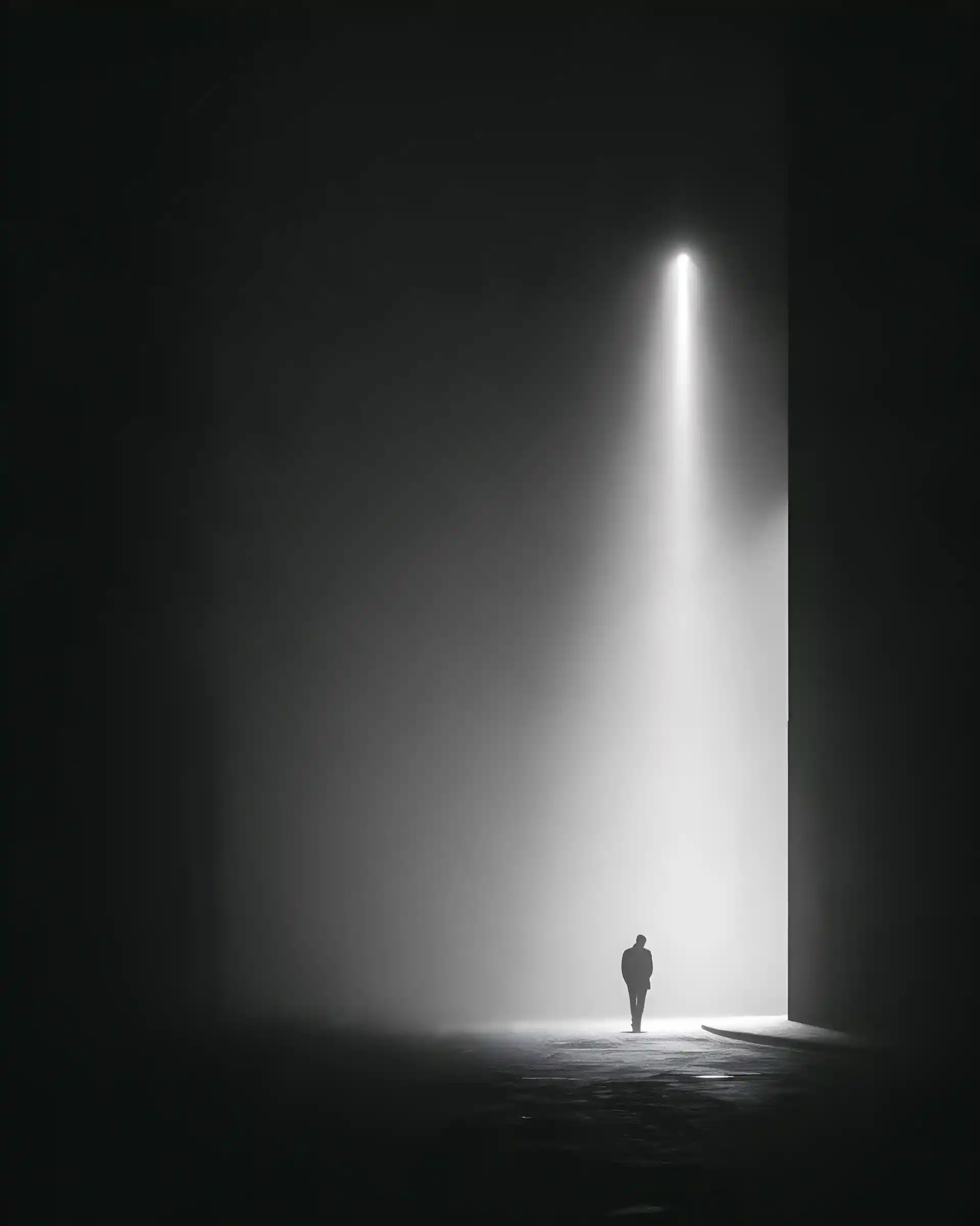 Solitary figure in harsh noir light on foggy city street