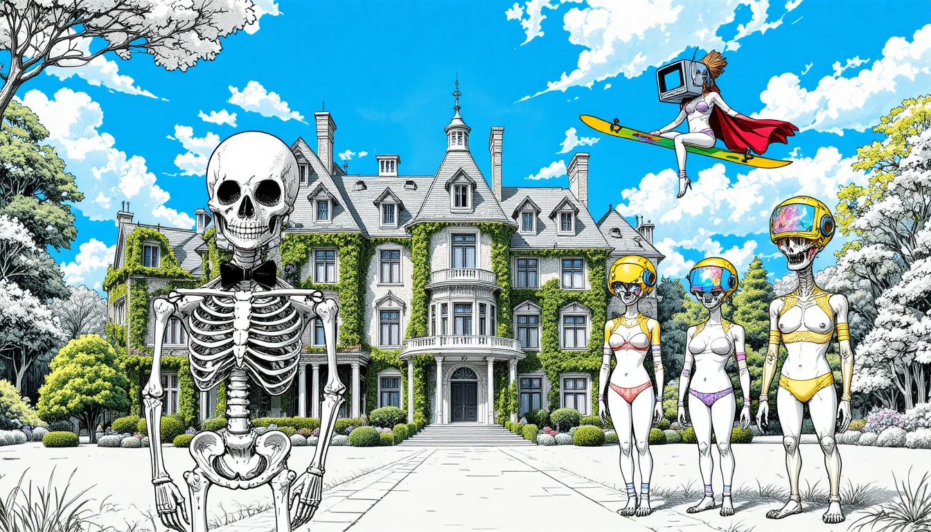 Grand manoir couvert de lierre sous un ciel bleu éclatant