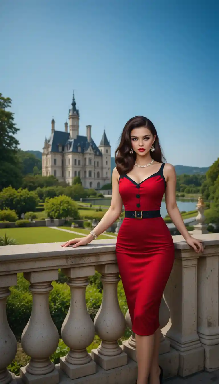 Elegant woman in red dress by a French chateau