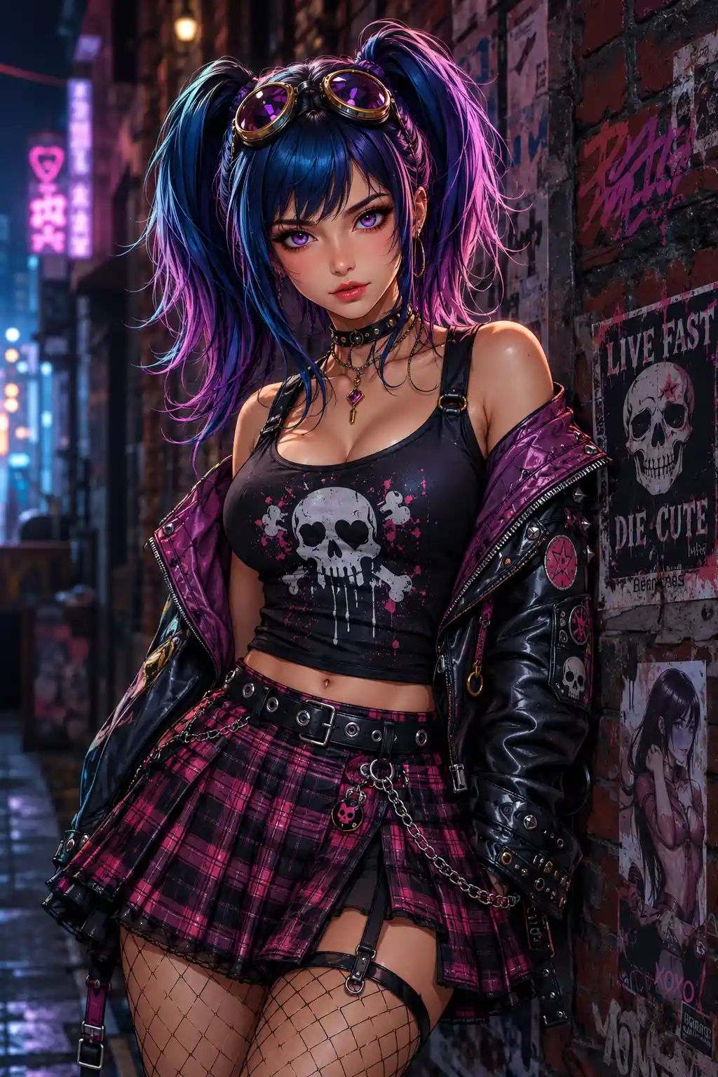 Süße Punk-Anime-Frau im Tartanrock und Tanktop
