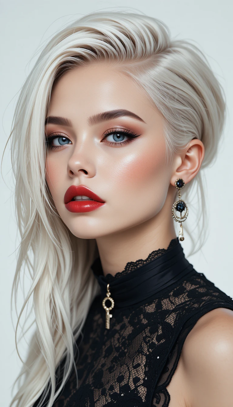 Edgy platinum blonde fashion woman with bold makeup