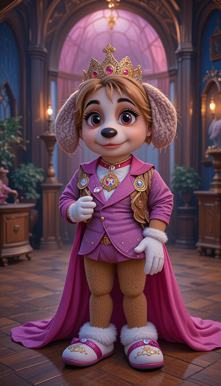 Dog princess mascot standing in a cinematic widescreen park scene