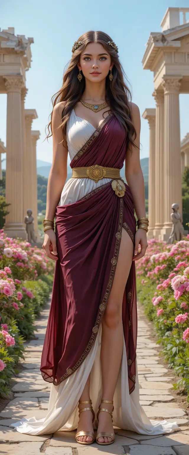 Greek goddess standing in a blooming temple garden