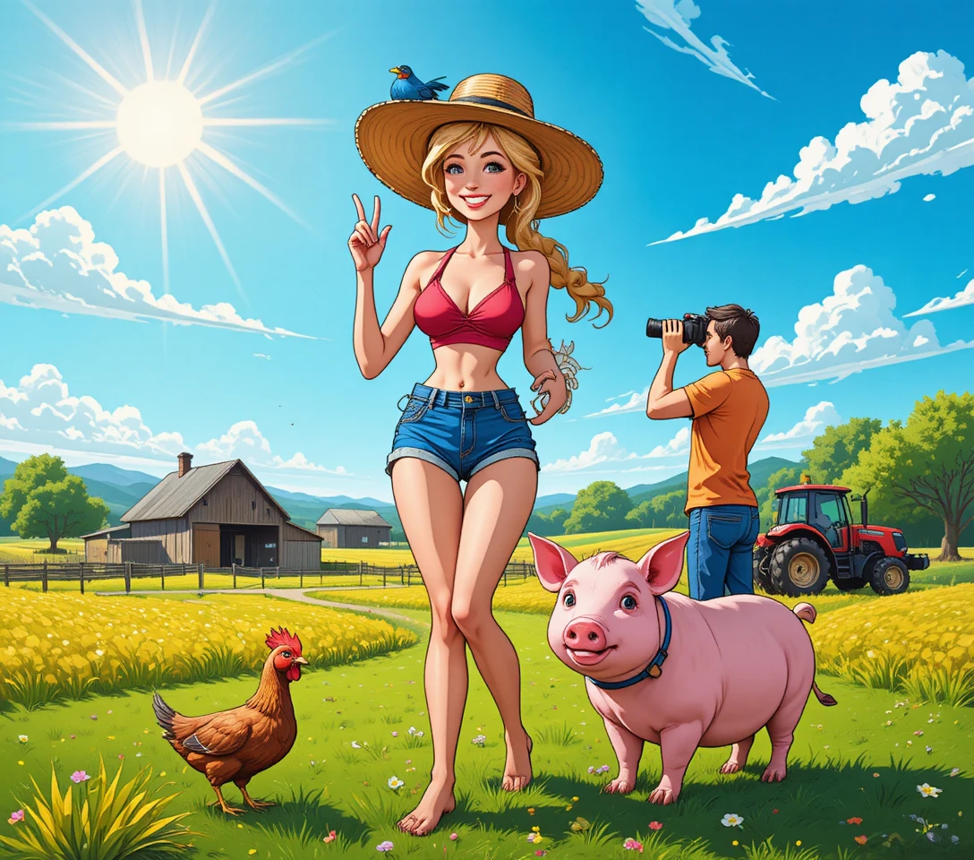 Blonde Frau im roten Bikini geht durch sonniges Feld