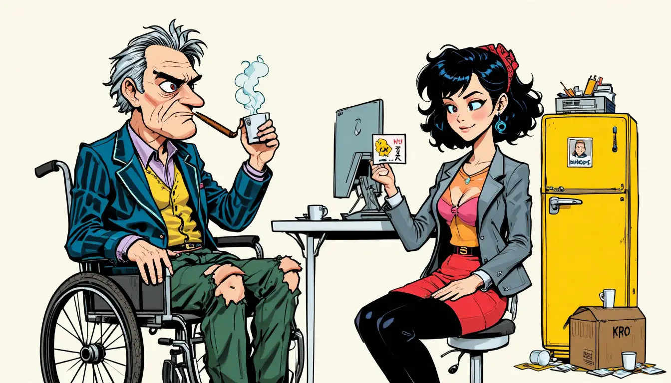 Eccentric old man in wheelchair beside cluttered computer desk