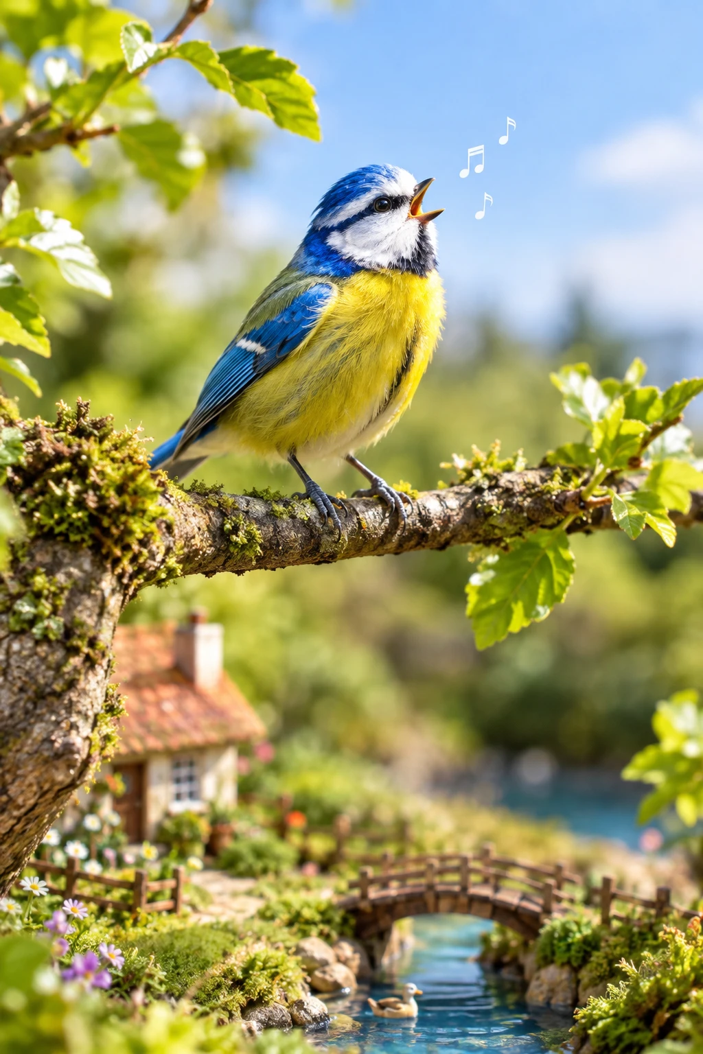 Colorful songbird singing on a sunlit tree branch