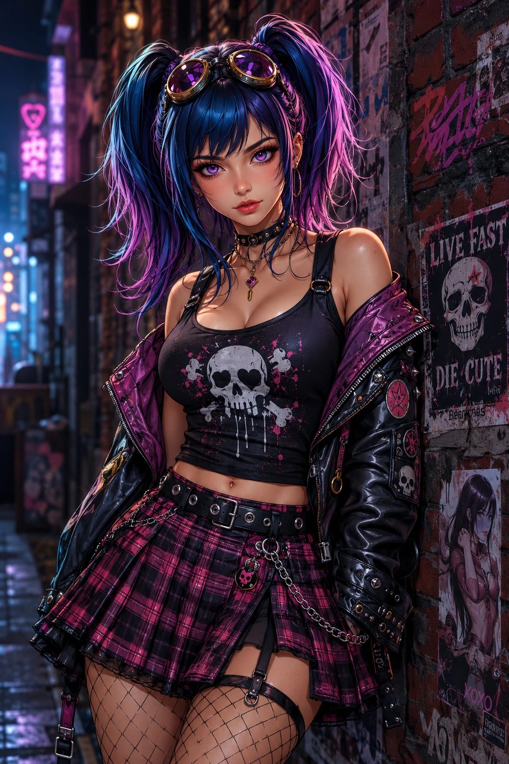 Süße Punk-Anime-Frau im Tartanrock und Tanktop