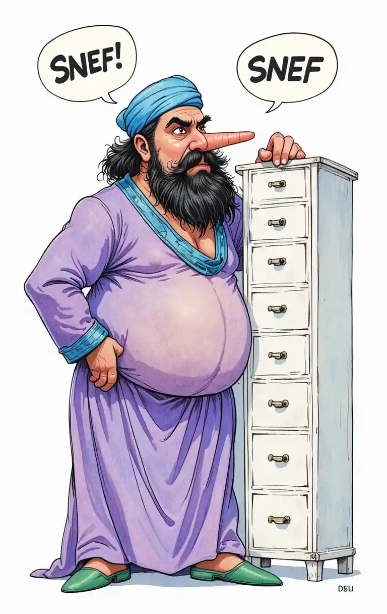 Hombre de caricatura humorístico oliendo junto a un alto armario blanco