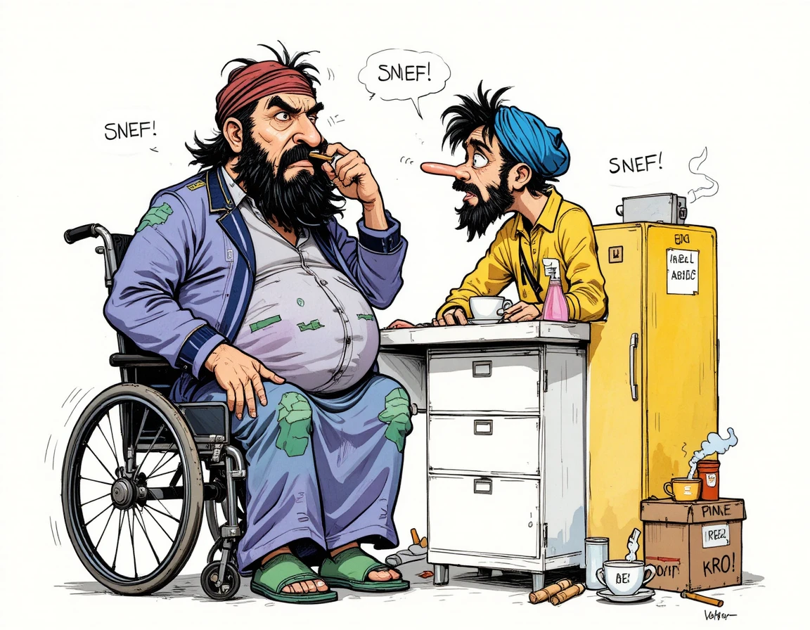 Scena cartoon grintosa con due strani personaggi e scrivania disordinata