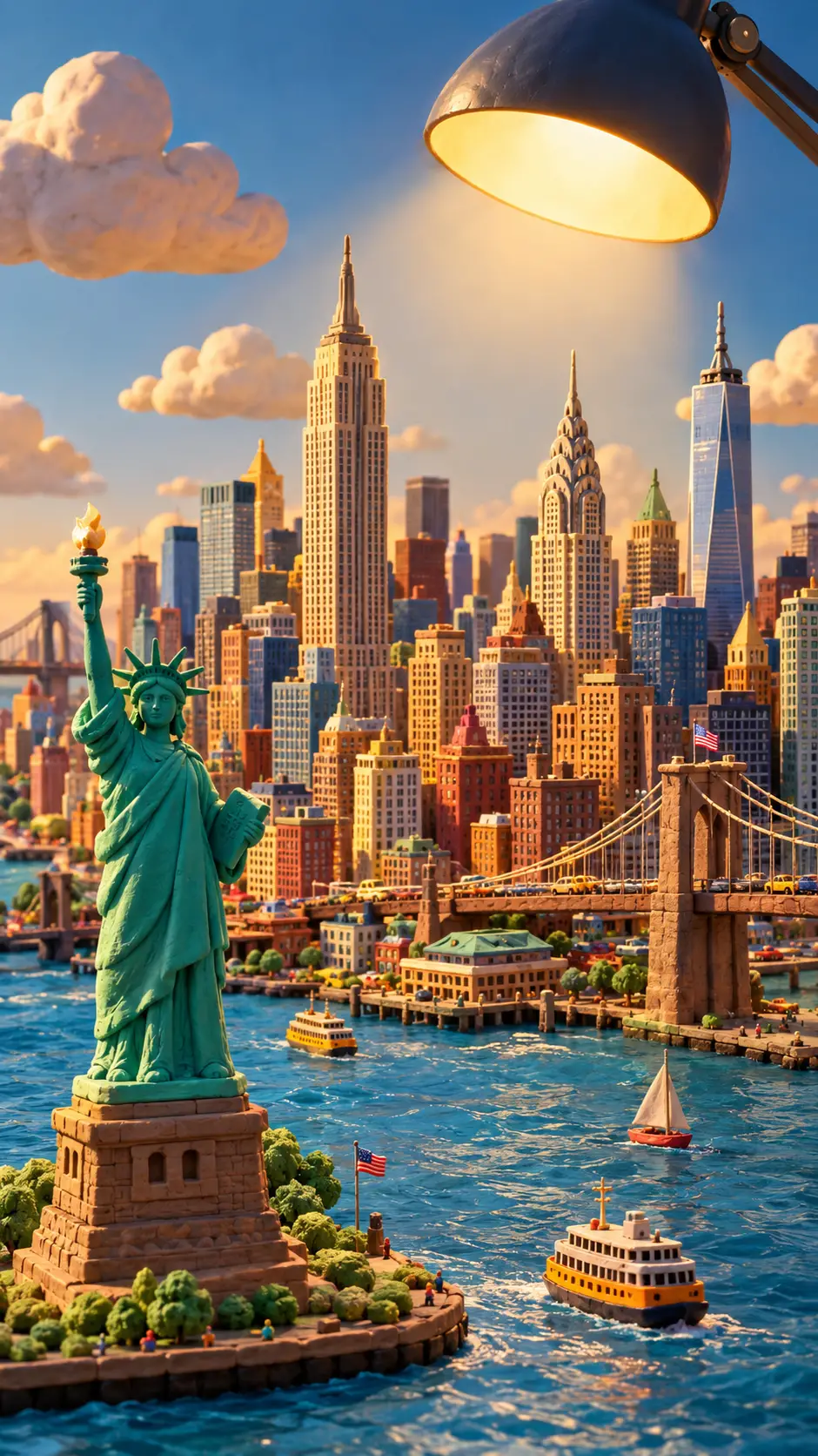 Miniature clay New York skyline under a warm desk lamp