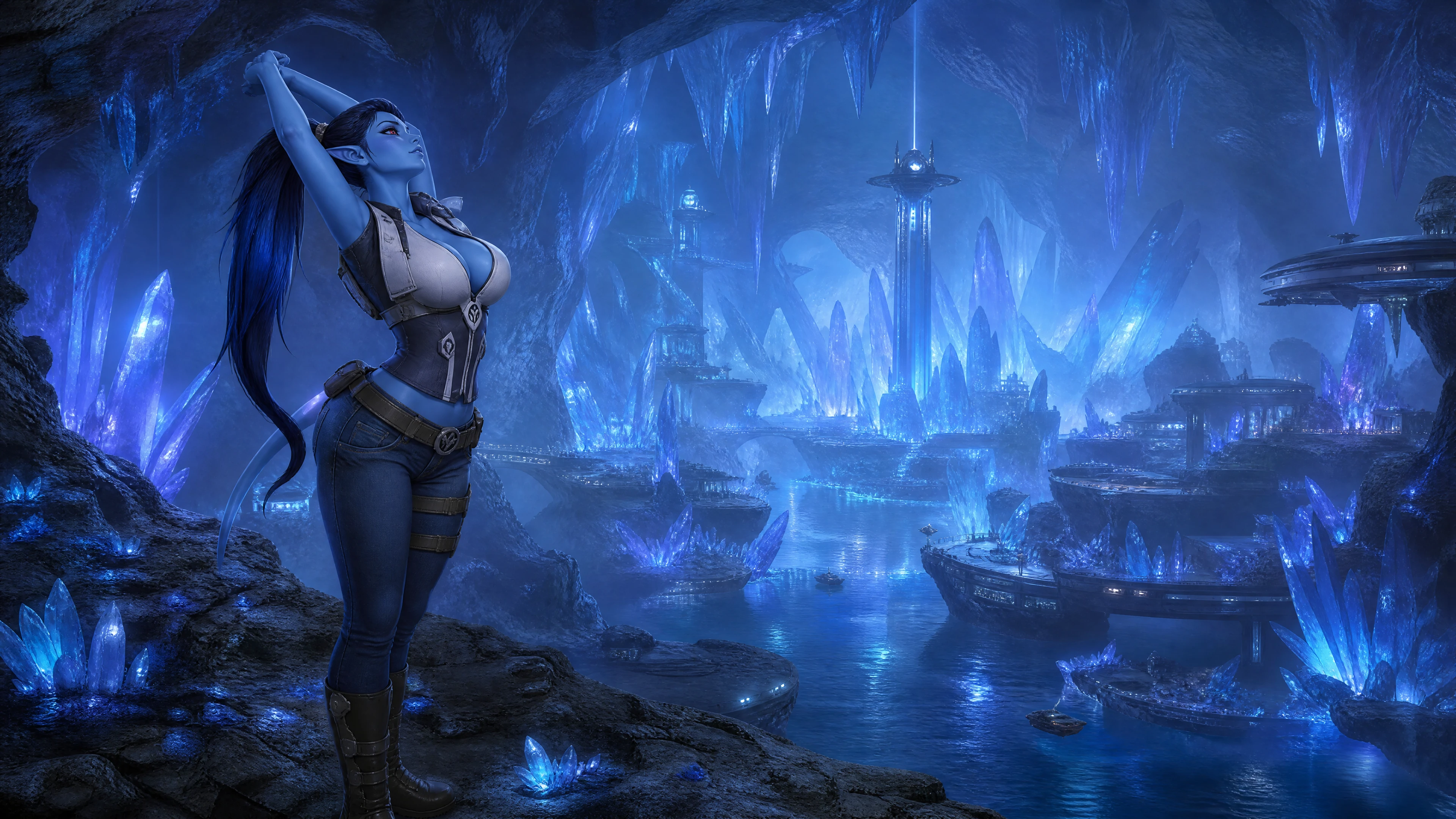 Donna fantascientifica dalla pelle blu che si allunga in una caverna di cristallo