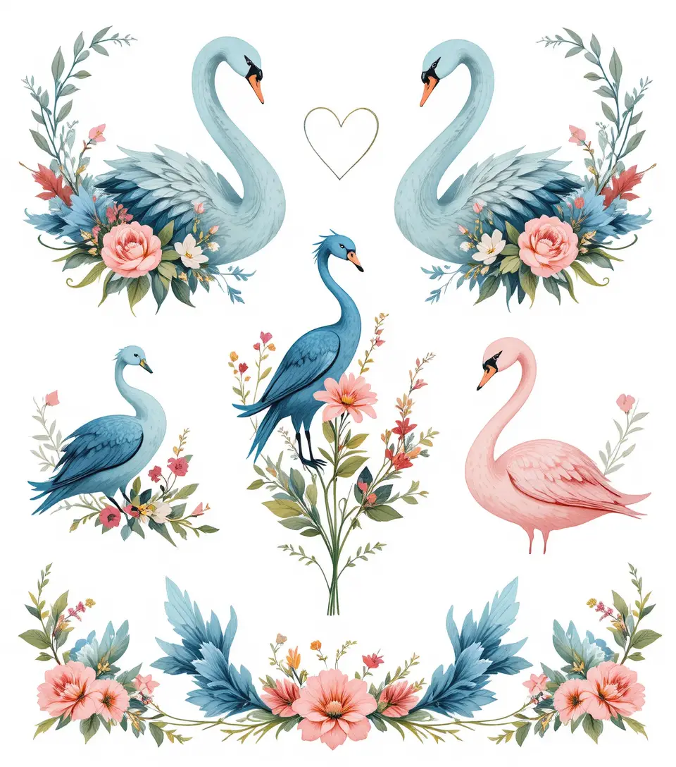 Stylized swan and bird motifs with floral vector ornaments