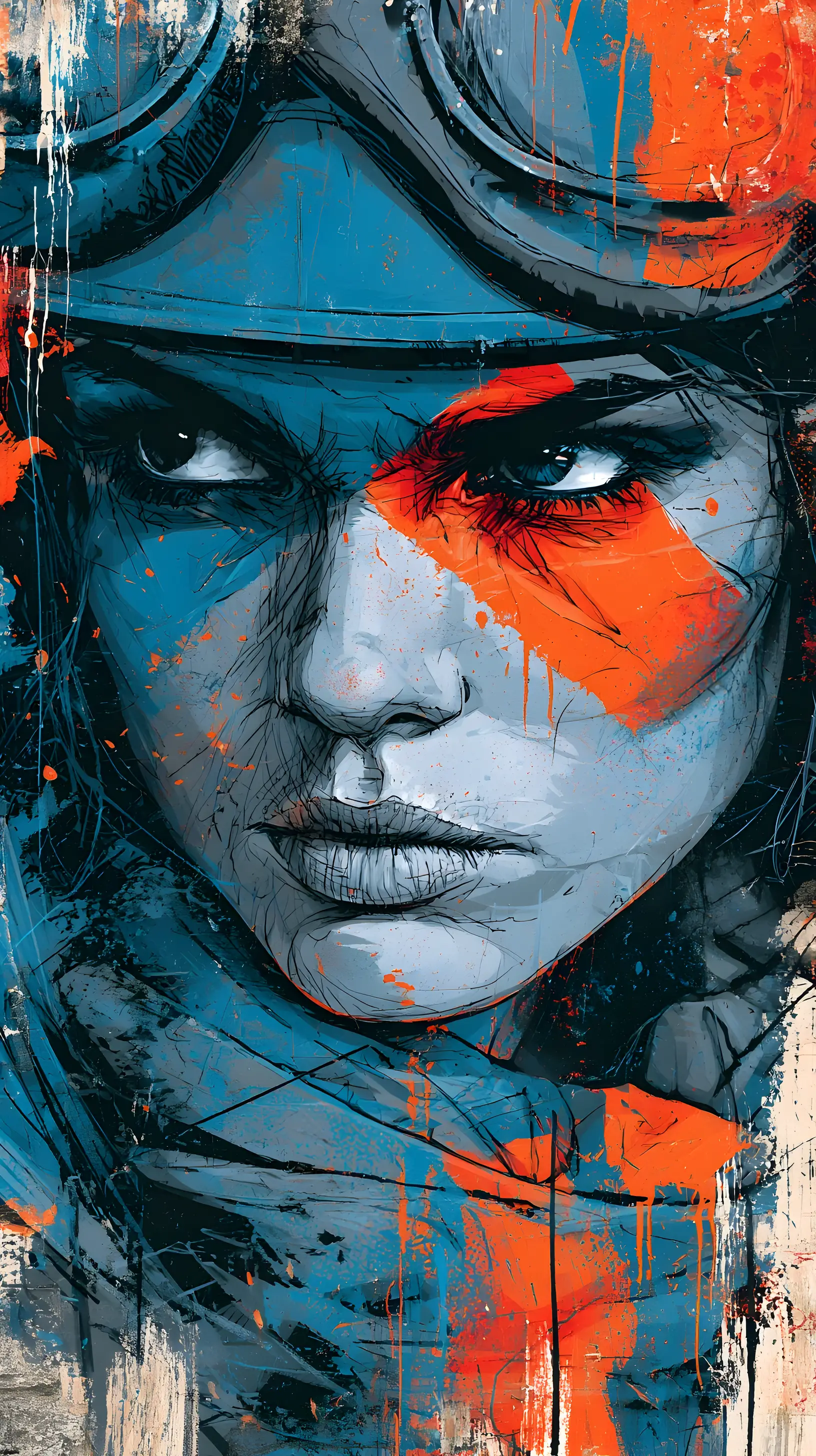 Ilustración de arte callejero enérgica con audaces salpicaduras de cian y naranja