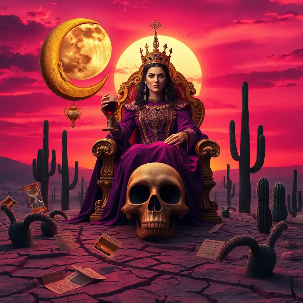 Gothic queen on a golden throne in surreal desert twilight