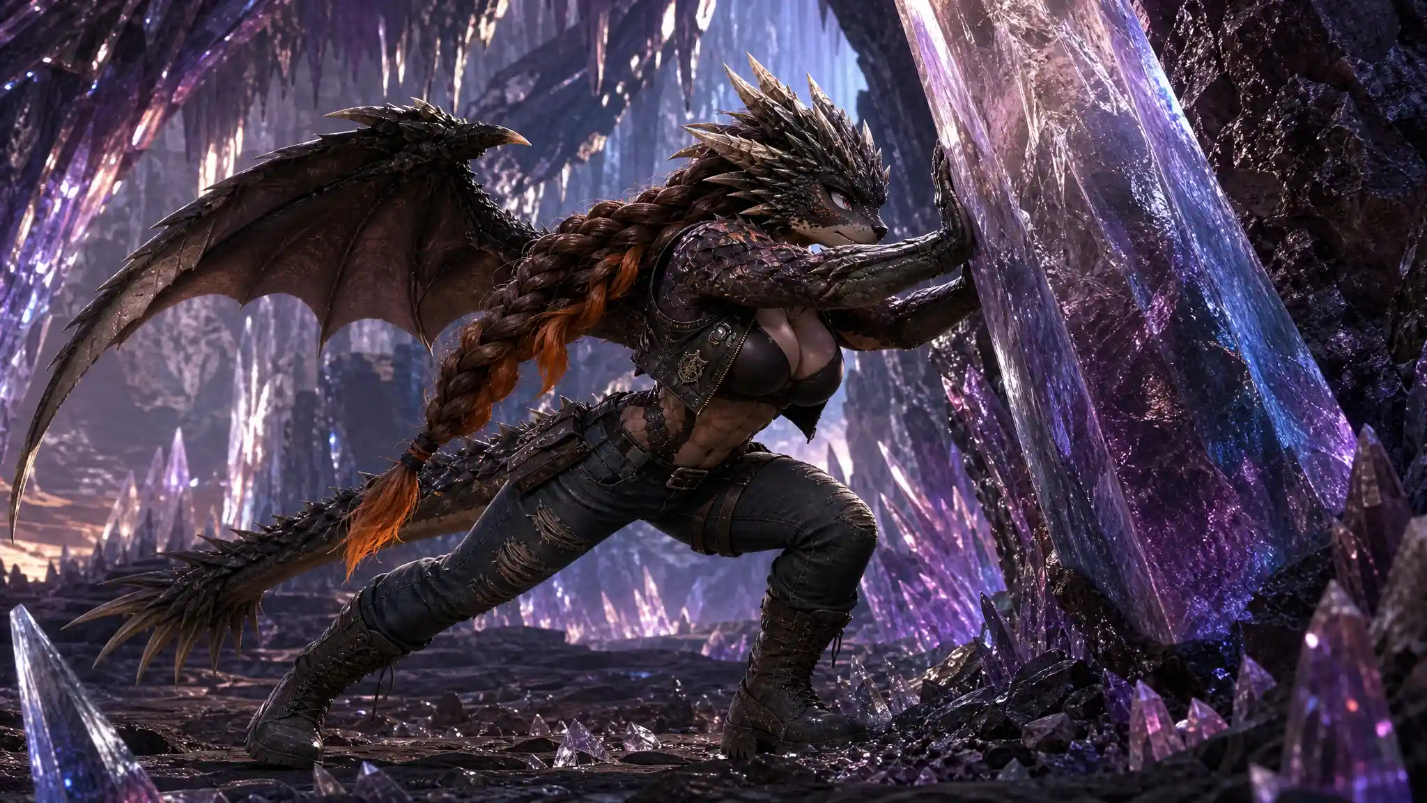 Winged dragon woman pushing a massive crystal in cave