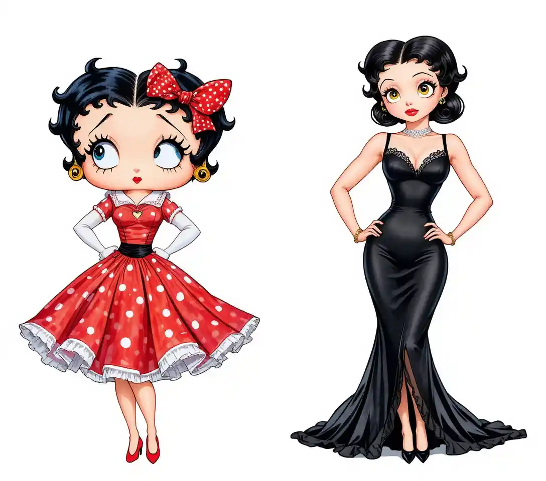 Stylish cartoon woman in two contrasting fashion outfits